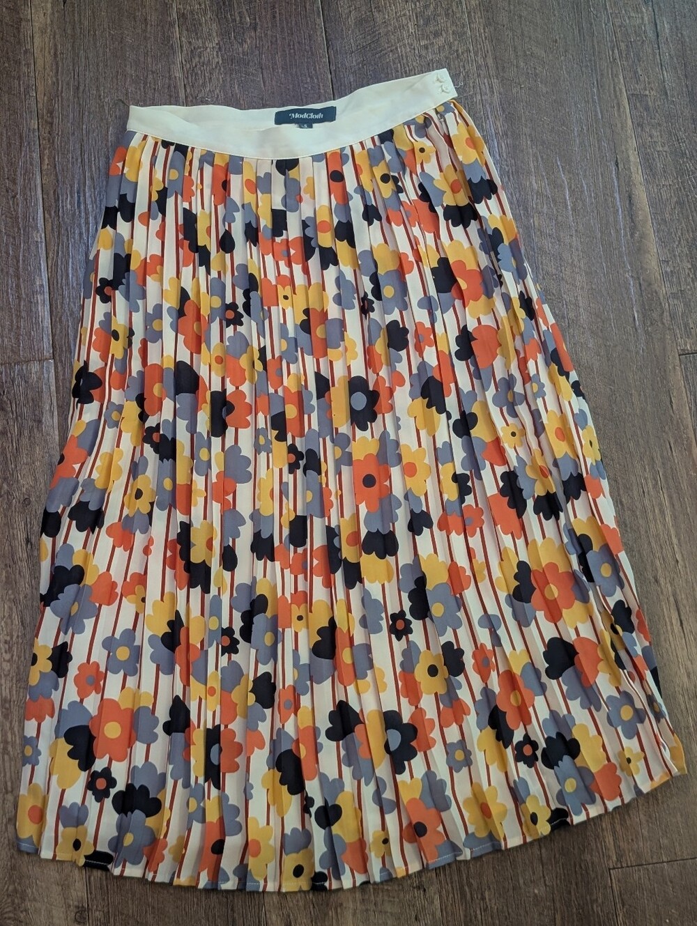 Modcloth Pleated Floral Midi Skirt in Cream, Orange & Yellow Size Small